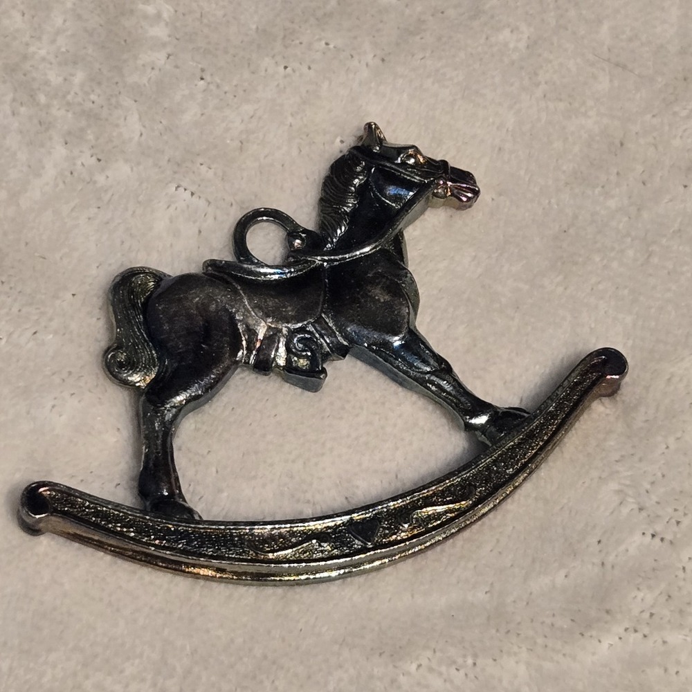 Vintage Cast Metal Rocking‎ Horse Christmas Ornament Gunmetal Hematite Finish